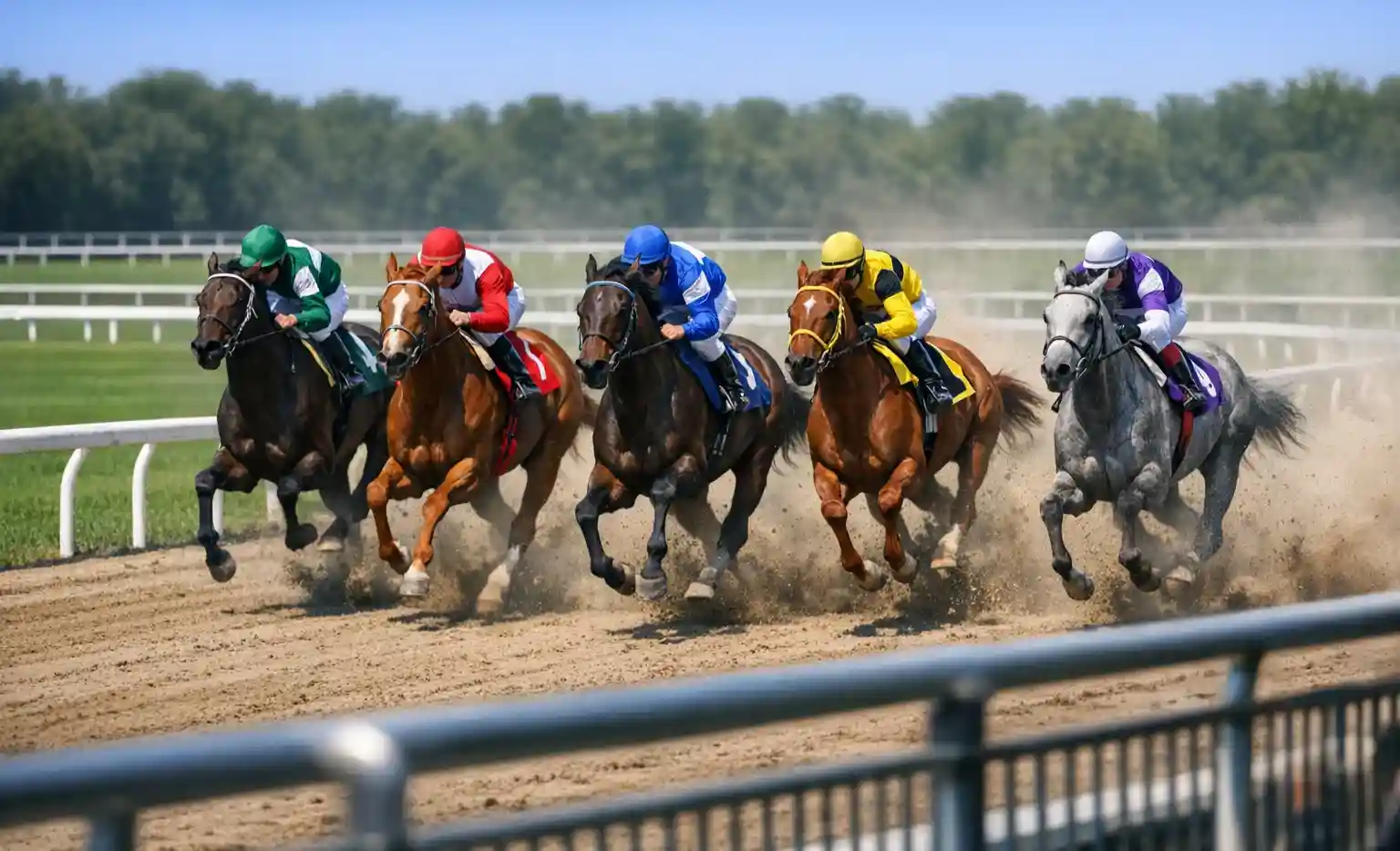 Hipódromo virtual con caballos de carreras galopando sobre pista de arena vistos desde la tribuna