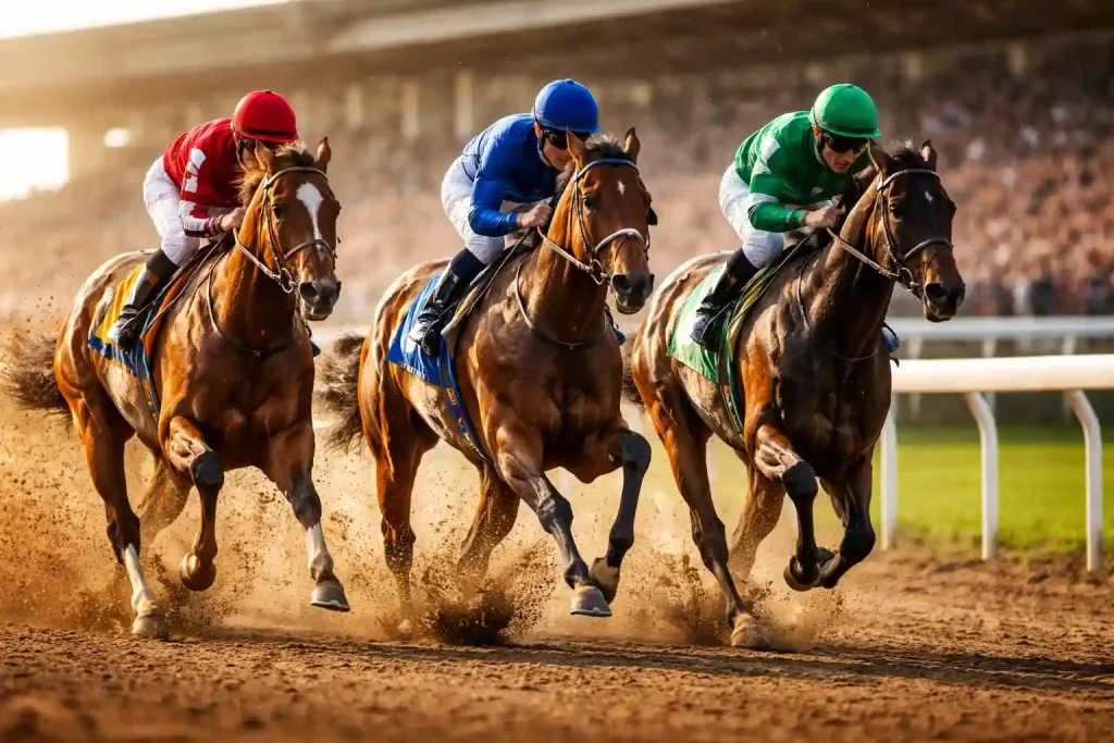 Caballos de carreras galopando a toda velocidad por la recta de un hipódromo con tribuna al fondo