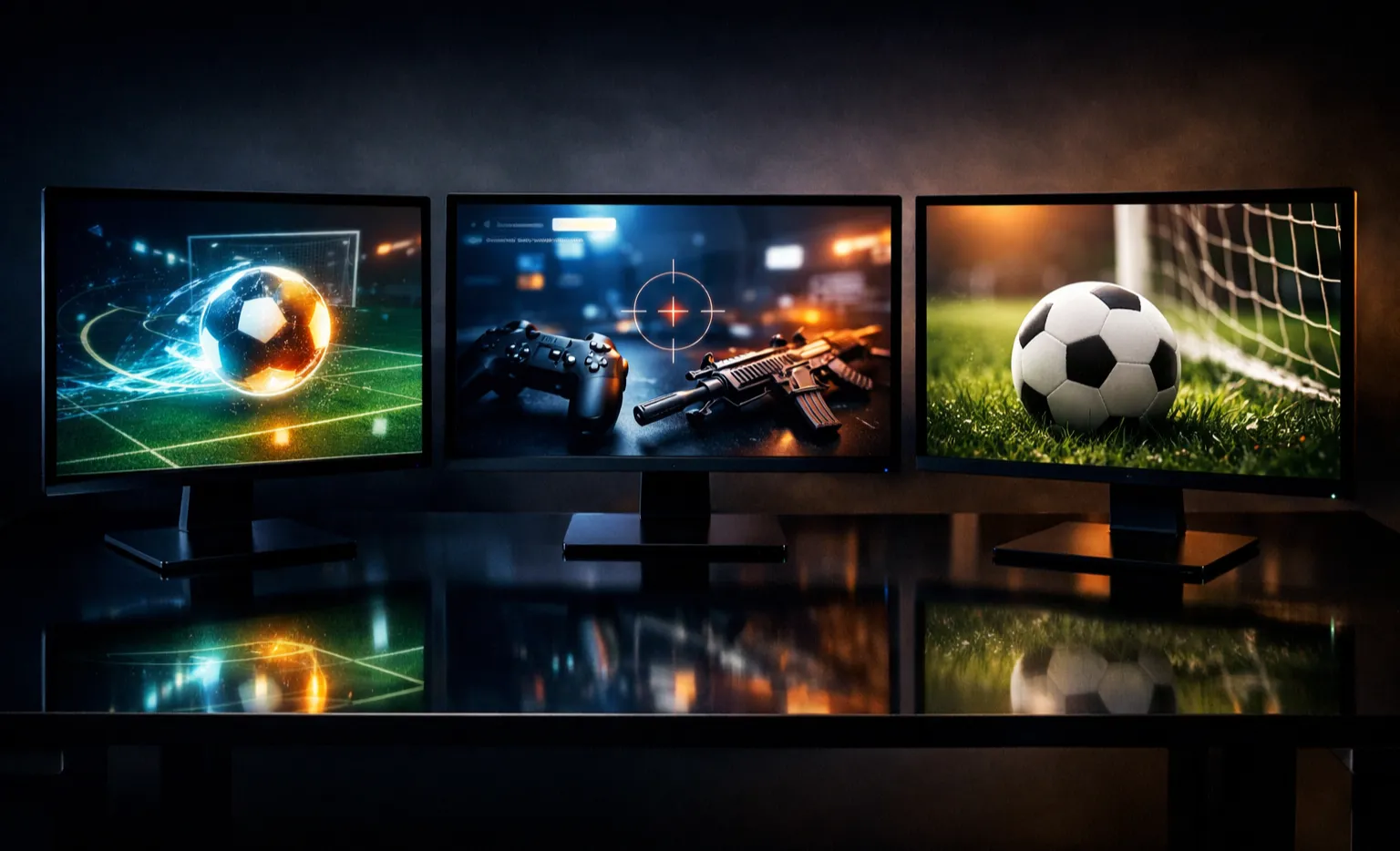 Tres monitores mostrando respectivamente un partido virtual, una competición de eSports y una retransmisión deportiva real