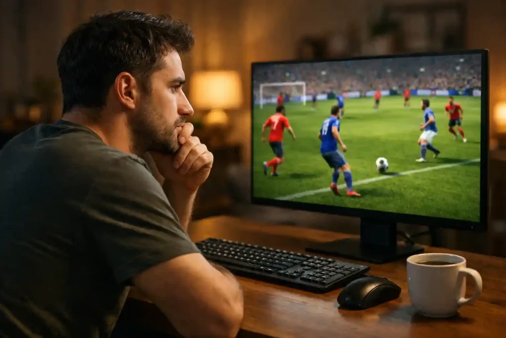 Pantalla de ordenador mostrando una simulación de partido de fútbol virtual en una casa de apuestas online