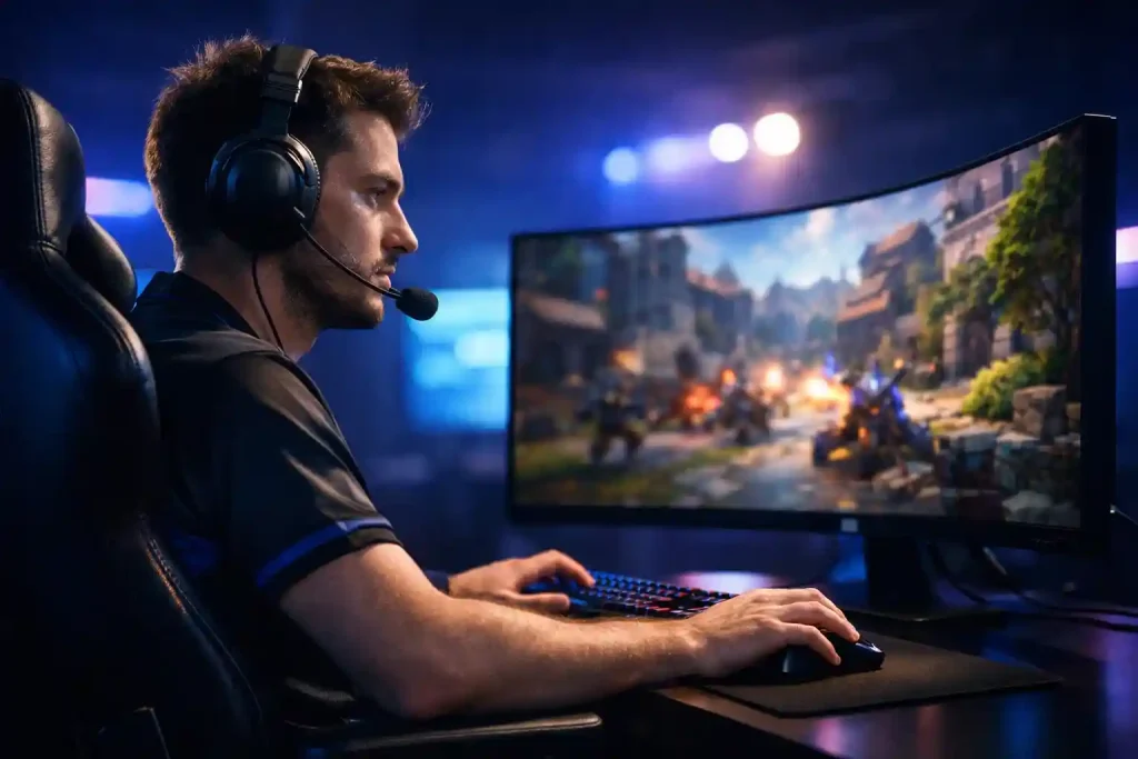 Jugador profesional de eSports frente a un monitor de competición con auriculares en un escenario iluminado