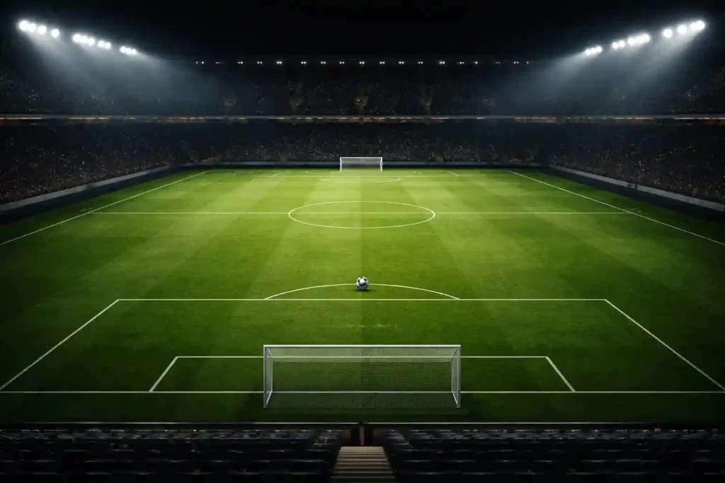 Campo de fútbol visto desde la grada con iluminación nocturna y un balón en el centro del césped