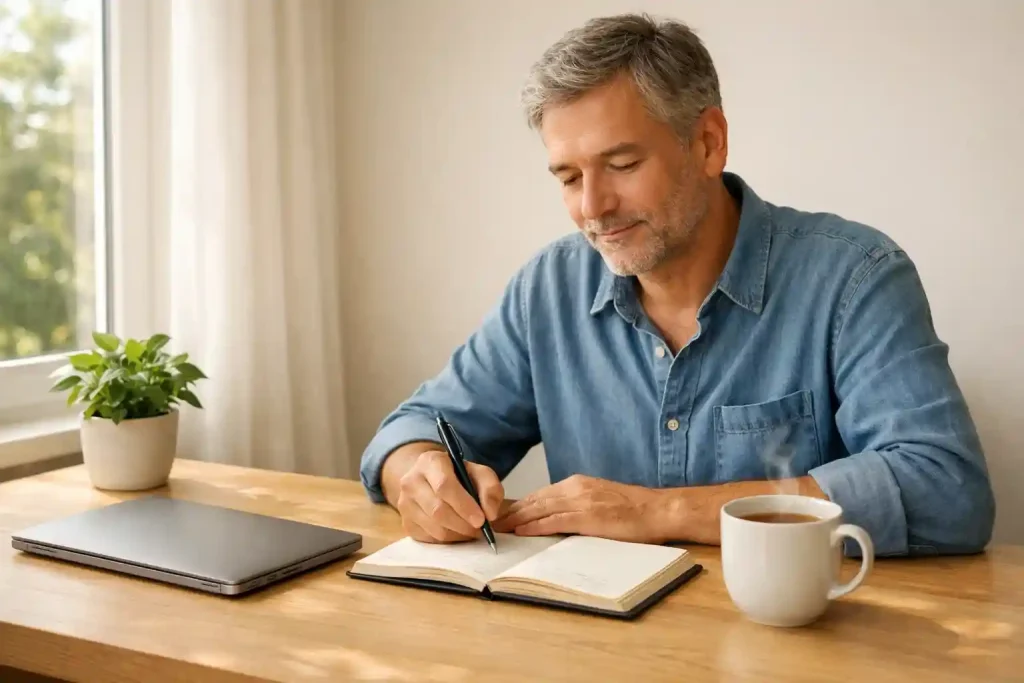 Persona sentada con calma frente a un escritorio iluminado, tomando notas en un bloc antes de abrir el ordenador