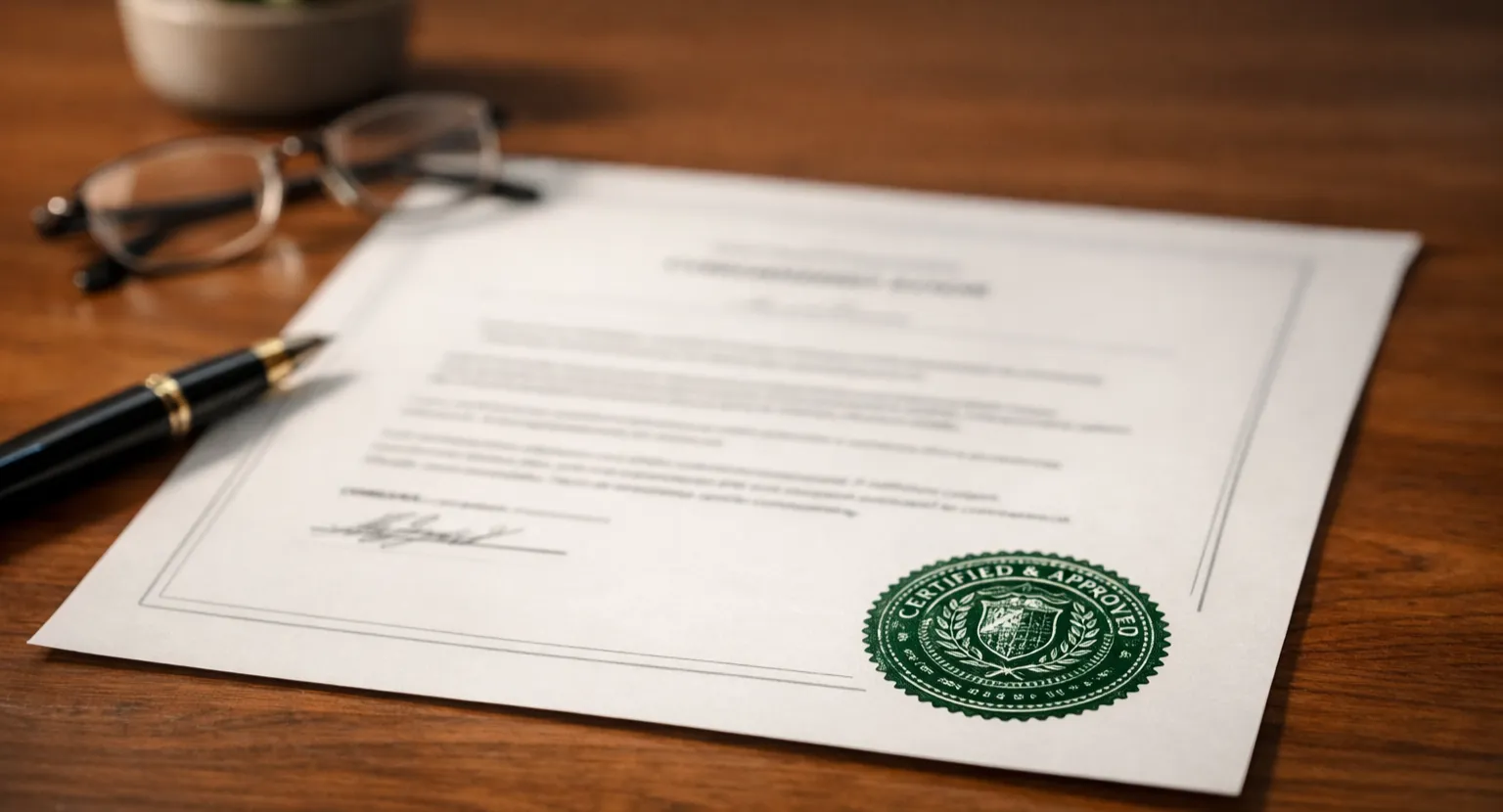 Documento oficial de licencia de juego sobre un escritorio junto a un sello de certificación y un bolígrafo