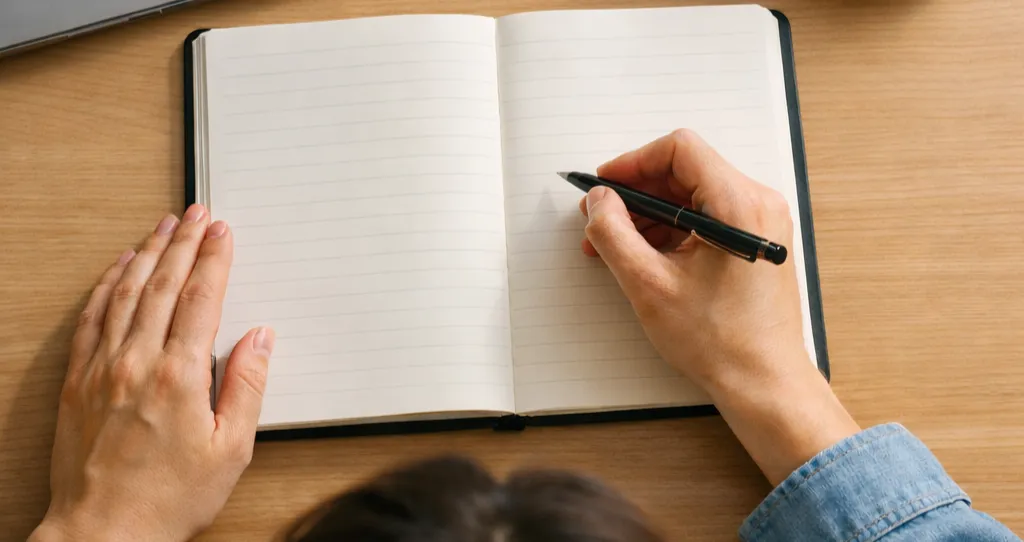 Persona sentada en un escritorio con un bloc de notas abierto planificando su presupuesto de apuestas junto a un portátil